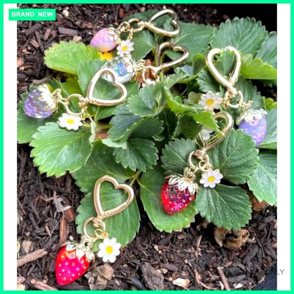 Steel Strawberry Bag Charm Keychain with Glitter Cherries for Purse